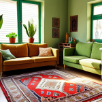 A bright, airy living room in Turkey, filled with lush green plants like Snake Plants (Paşa Kılıcı) and Golden Pothos (Salon Sarmaşığı). Sunlight streams through the windows, highlighting the vibrant colors of Turkish rugs and textiles. The overall atmosphere should feel healthy, fresh, and inviting.