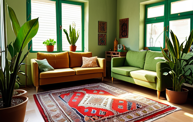 A bright, airy living room in Turkey, filled with lush green plants like Snake Plants (Paşa Kılıcı) and Golden Pothos (Salon Sarmaşığı). Sunlight streams through the windows, highlighting the vibrant colors of Turkish rugs and textiles. The overall atmosphere should feel healthy, fresh, and inviting.
