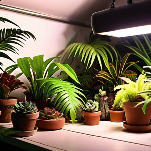 Home 6 **
* Prompt: "A vibrant collection of indoor plants basking in the glow of LED grow lights. Some succulents are thriving under direct light, while ferns flourish in the shadier corners. Focus on the contrasting light conditions and the diverse foliage."
**