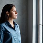 A professional woman in a modest business casual outfit, fully clothed, stands contemplatively in a dimly lit living room. Subtle condensation is visible on the windowpane, and a hint of a slight dampness is implied on the lower part of a light-colored wall, conveying a heavy, humid atmosphere. She holds a small, modern hygrometer in her perfectly formed hand, observing the readings with a concerned expression. The room features a muted color palette, emphasizing the uncomfortable environment. safe for work, appropriate content, modest clothing, family-friendly, perfect anatomy, correct proportions, natural pose, well-formed hands, proper finger count, natural body proportions, professional photography, high quality.