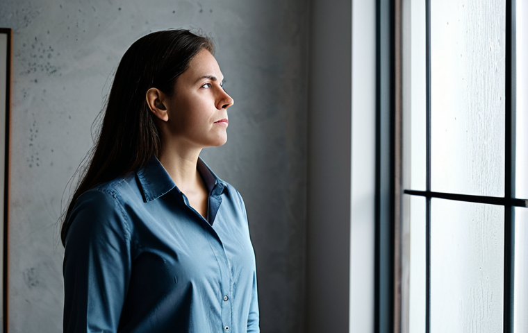 A professional woman in a modest business casual outfit, fully clothed, stands contemplatively in a dimly lit living room. Subtle condensation is visible on the windowpane, and a hint of a slight dampness is implied on the lower part of a light-colored wall, conveying a heavy, humid atmosphere. She holds a small, modern hygrometer in her perfectly formed hand, observing the readings with a concerned expression. The room features a muted color palette, emphasizing the uncomfortable environment. safe for work, appropriate content, modest clothing, family-friendly, perfect anatomy, correct proportions, natural pose, well-formed hands, proper finger count, natural body proportions, professional photography, high quality.