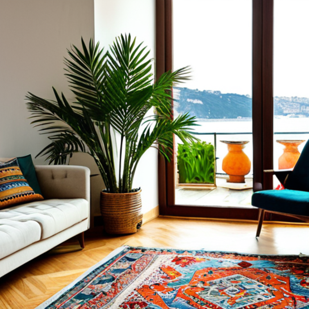 Indoor Plants in a Stylish Istanbul Apartment**

"A bright and airy living room in a modern Istanbul apartment. Several thriving houseplants are visible: a large Areca palm near a window overlooking the Bosphorus, a snake plant in a decorative ceramic pot, and a spider plant cascading from a shelf. The room is tastefully decorated with Kilim rugs and comfortable, modest furniture. Natural light streams in. safe for work, appropriate content, fully clothed (people, if present, are fully clothed), perfect anatomy, natural proportions, professional, modest, family-friendly, high quality"

**